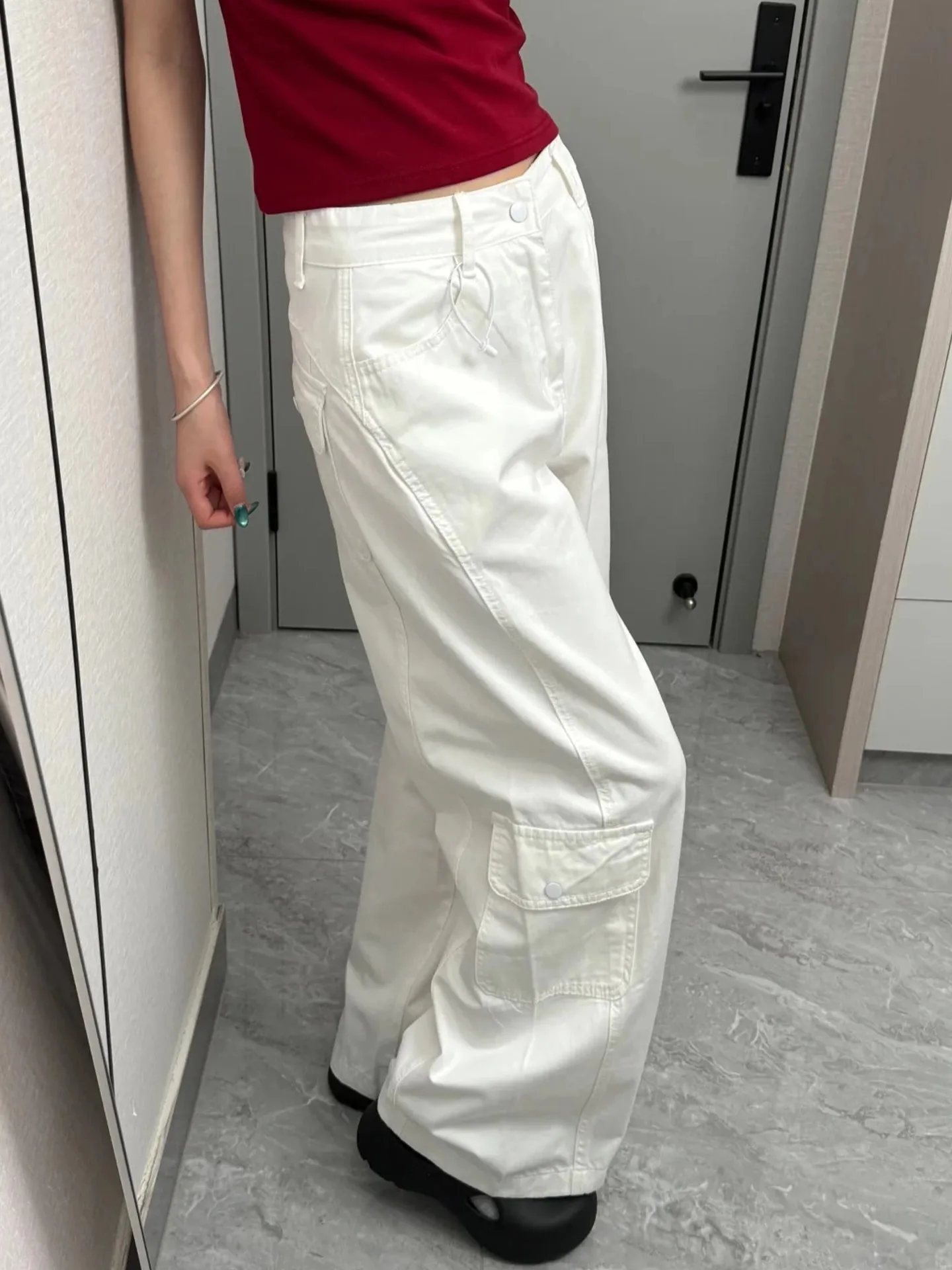 Celana Jeans Kerja Wanita Y2K Putih Gaya Retro Amerika Pinggang Tinggi Pelangsing Kantong Besar Serbaguna Model Lurus Kasual