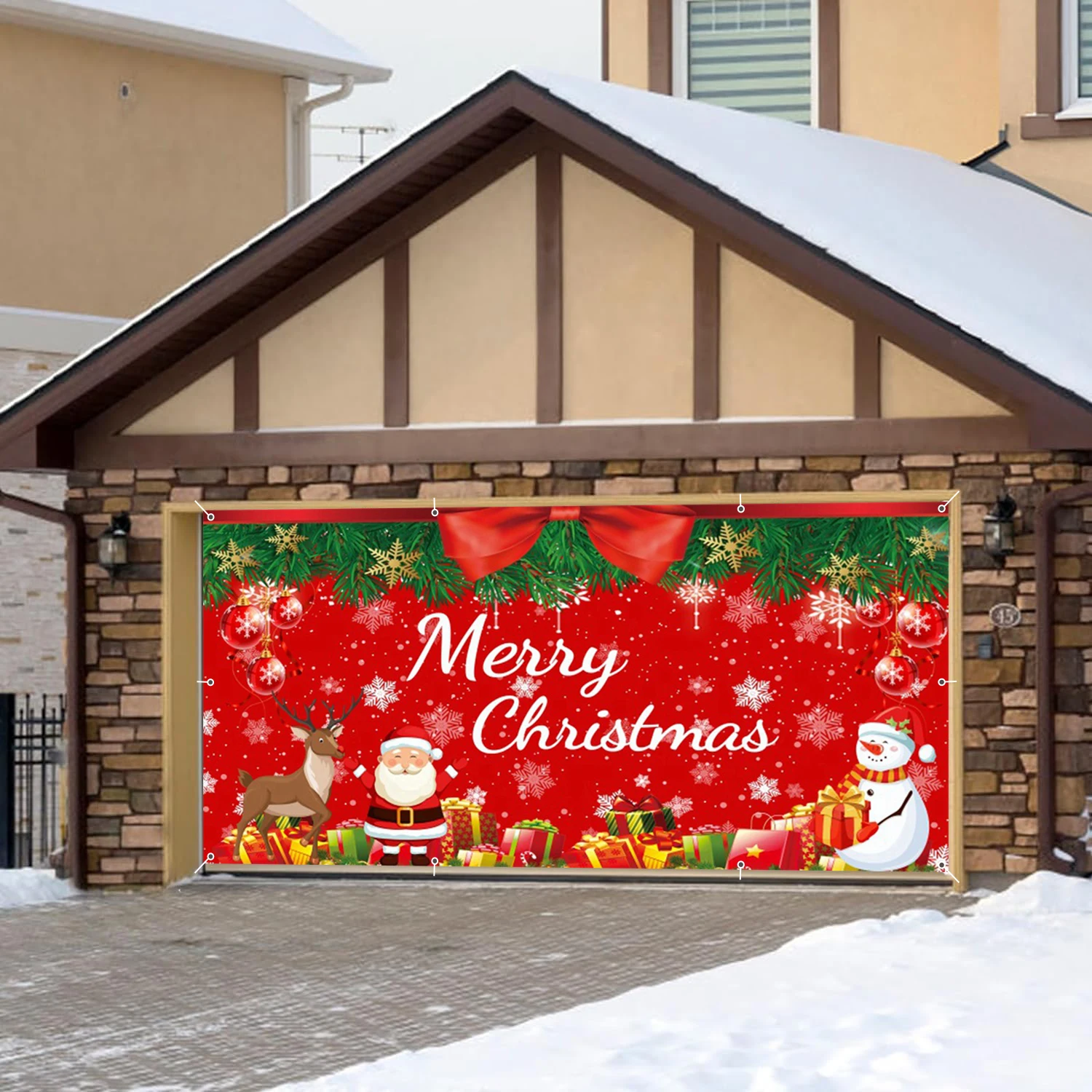 

Red Merry Christmas Garage Wall Background Santa Claus Snowflake Bells Wreath Gifts Garage Door Frame For Home Courtyard Decor