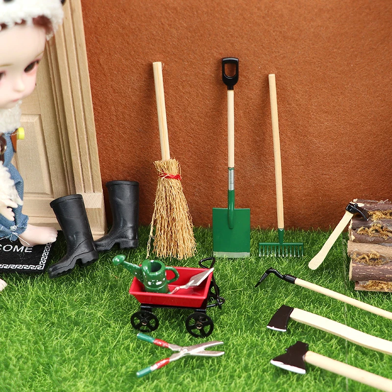 

1Set 1:12 Dollhouse Miniature Farm Tool Ax Shovel Pull Cart Broom Boots Watering Can Model Doll House Garden Decor Accessories