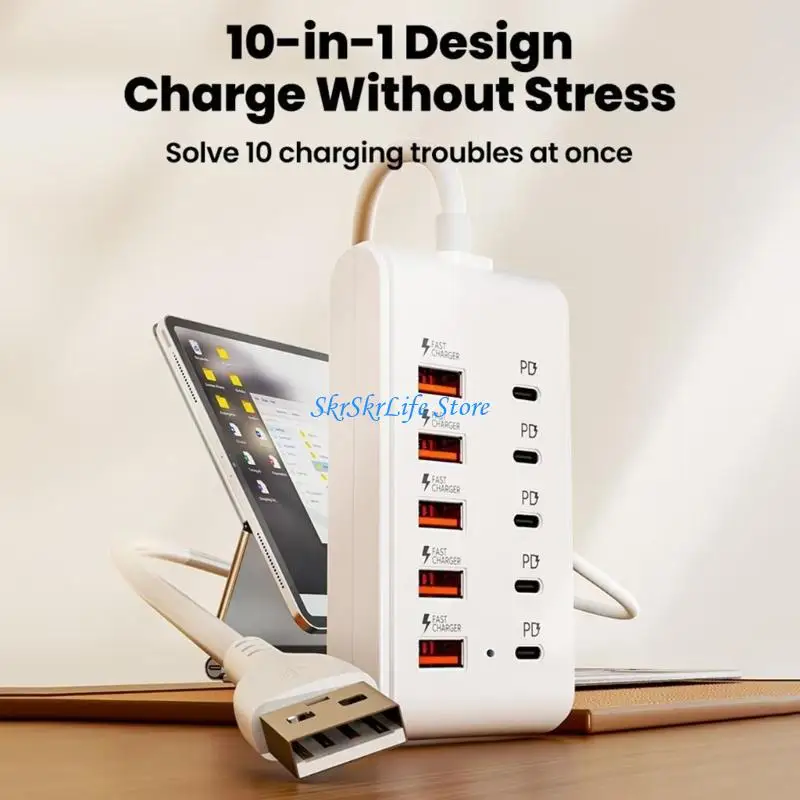 E65E 10 In 1 USB C With 5 USB Port And 5 Type C Port For Phone Tablet Fast Charging Multiple Device Simultaneously