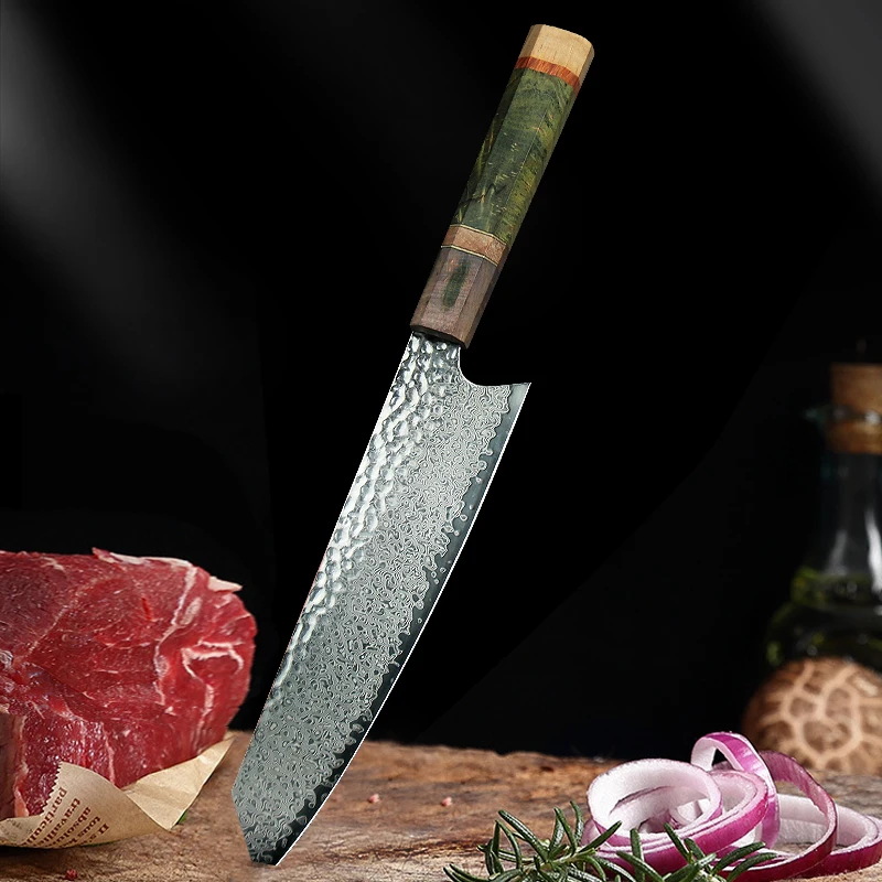 Damascus Chef Knife 8 Inch  Vg10 Japanese Knife Stabilized Colored Wood Handle Sixty-seven Layers Of Damascus Are Freshly Forged