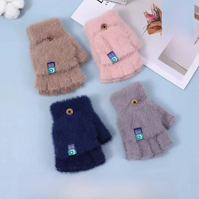 Thickened Plush Windproof Gloves for Women Winter Warm Outdoor Half Finger Writing Gloves Student Flip Cover Mitten