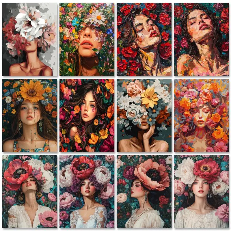 Ölgemälde nach Zahlen Blumen Frauen Handgemalte Kunst auf Leinwand DIY Bilder nach Zahlen Figurenmalerei-Sets Heimdekoration