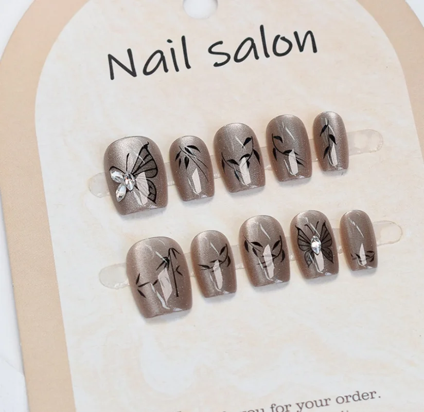 

10pcs Chinese Style Of Ink Painting Elegant Fake Nails Woman Short Reusable Adhesive Cat Eye Acrylic Press On False Nails