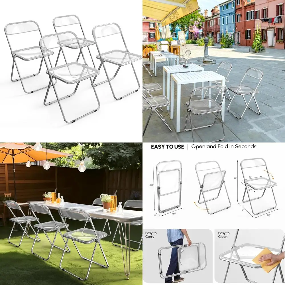 

Clear Acrylic Transparent Folding Chairs, 4 Pack Stackable and Foldable Chairs for Indoor Outdoor Use