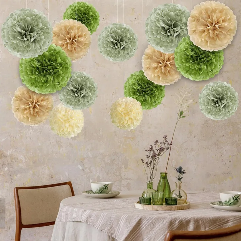 Olive Sage Green Tissue Paper Pom Poms Safari Jungle Party Decorations Paper Flowers Decorations Natural Green Boho Hanging