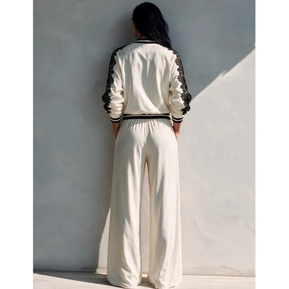 Women's Track 2 Piece Suit Lace Patchwork Zip Up Bomber Jacket Elastic Waist Wide Leg Pants FashionCasual Matching Outfit Female