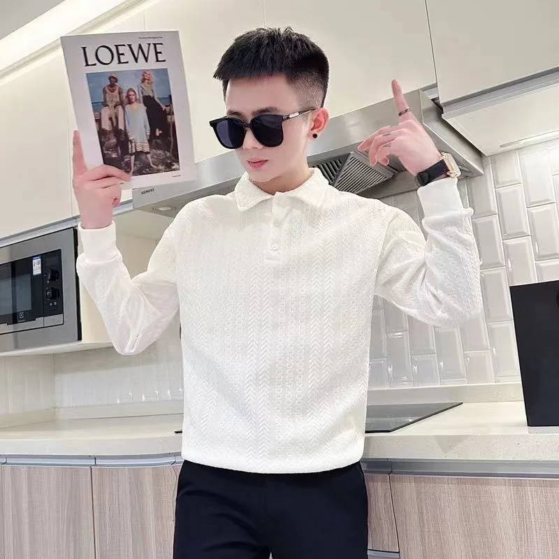 

Свитер жаккардовый ПОЛО на весну и осень, мужской низ с длинными рукавами и лацканами, однотонный пуловер, облегающая рубашка, топ
