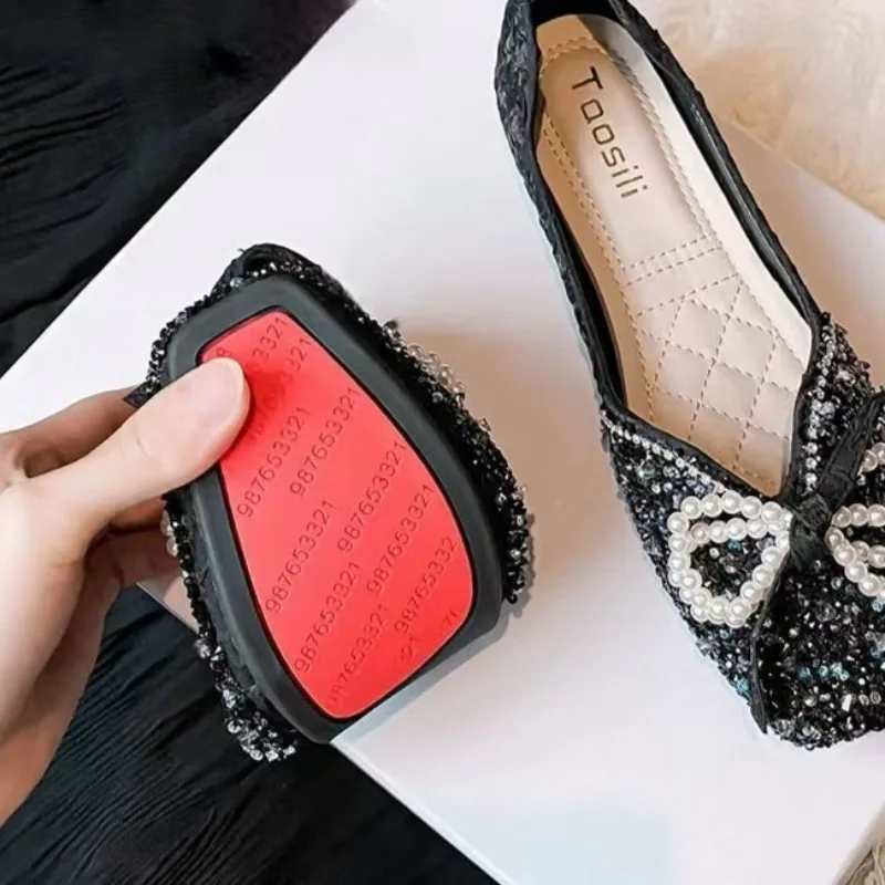 Sepatu datar pita kupu-kupu bermanik berlian imitasi sepatu pernikahan wanita persegi sepatu Flat balet wanita ukuran besar 43