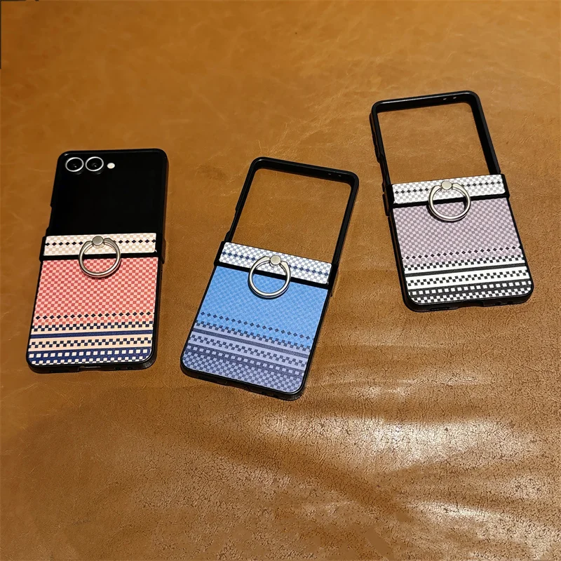 

Geometric Stripe Glass Phone Case For Samsung Galaxy Z Flip 7 6 5 Vintage Ethnic Pattern with Ring Holder Protective Cover