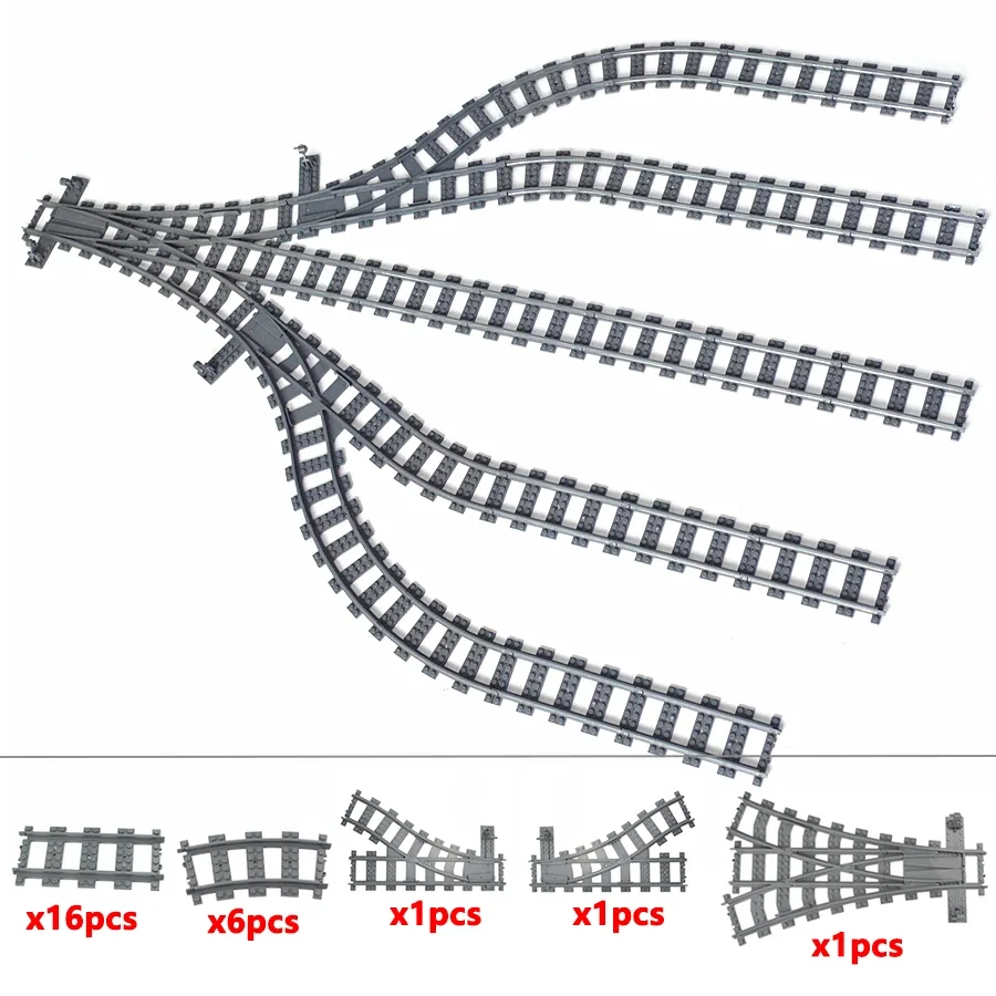 MOC City Train Tracks Curved Railway Building Block Bricks Crossing Switch Flexible Forked Uphill Straight Creative DIY Toys