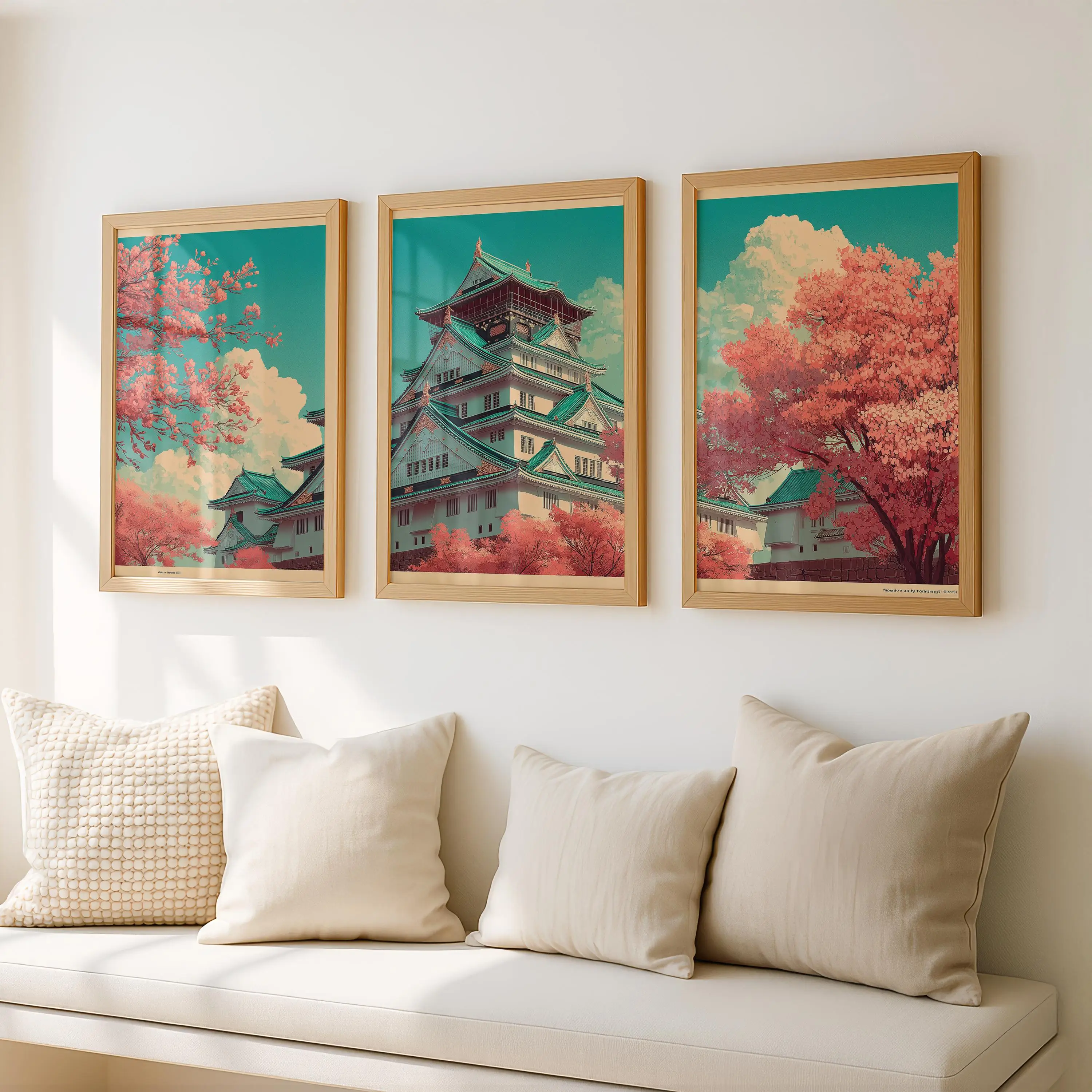 frameless Canvas Painting 3pc frameless Japanese Castle Wall Art Set Teal Coral Sakura Osaka Triptych Printable Canvas Poster P