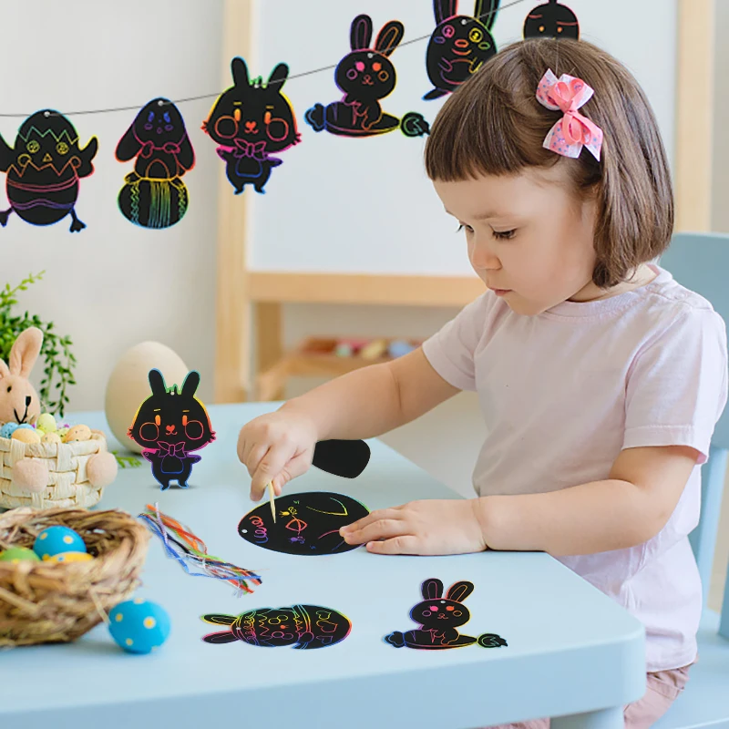 12pcs Easter Magic Scratch Art DIY Painting Crafts Kids Gift Easter Decoration Bunny Chick Colorful Scratch Painting Stencil