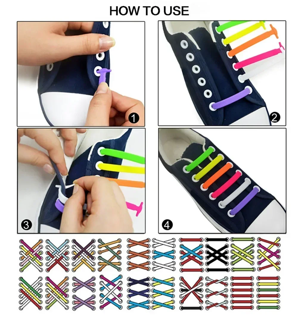 16Pcs/Set Silicone Elastic Shoelaces Special No Tie Shoelace Lacing Kids Adult Sneakers Quick Shoe Lace Rubber Zapatillas