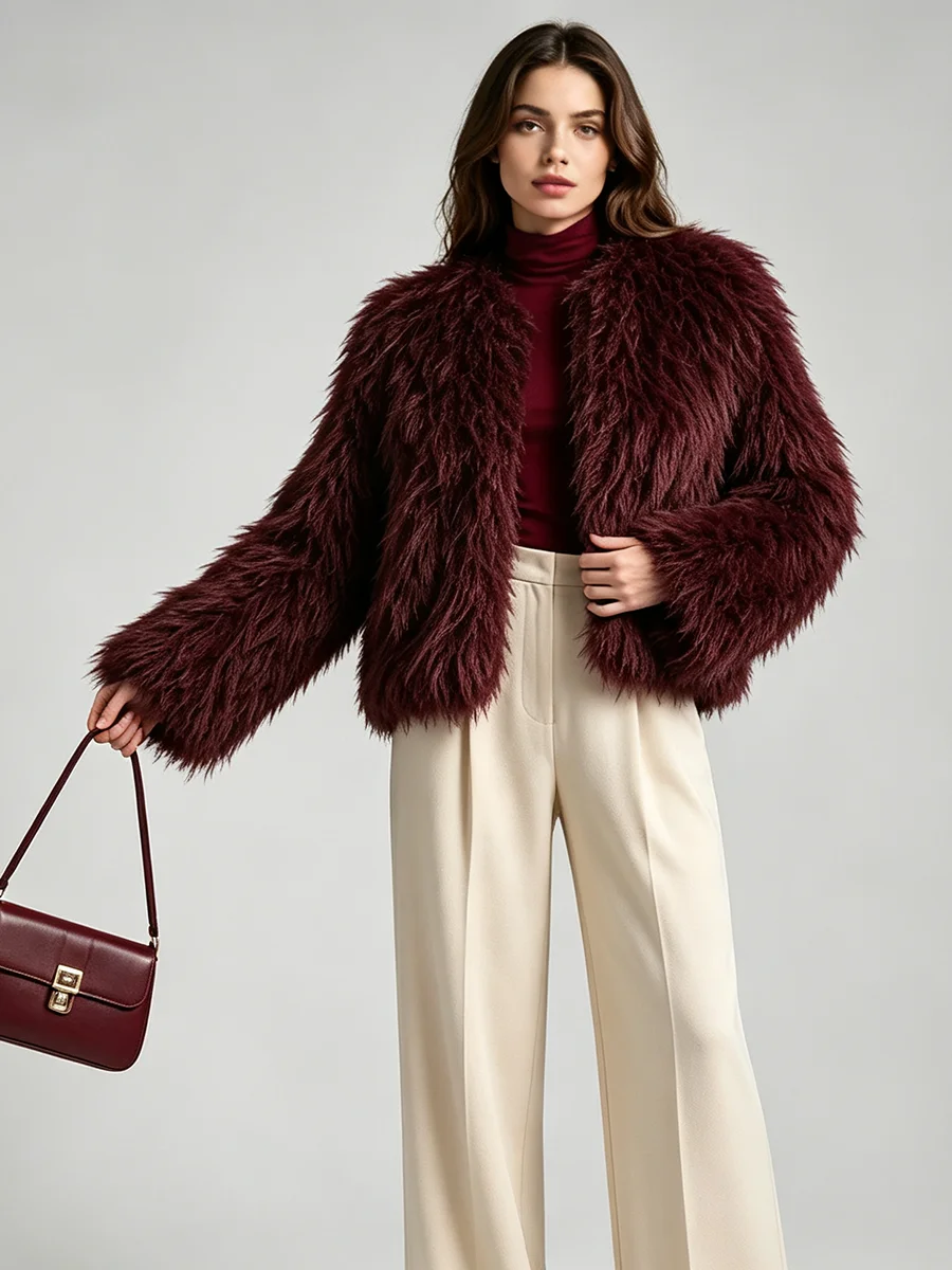 LIMO Women Shaggy Faux Fur Round Neck Open Front Long Sleeve Fluffy Shaggy Coat Winter Warm Plush Short Fashion Streetwear