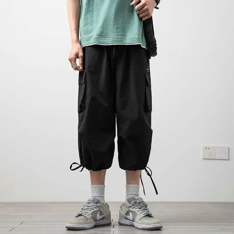 

Summer Large Size Casual Cotton Blend Pants Men's Crop Overalls Loose Fit Youthful Sle Four Seasons Wear Khaki Color