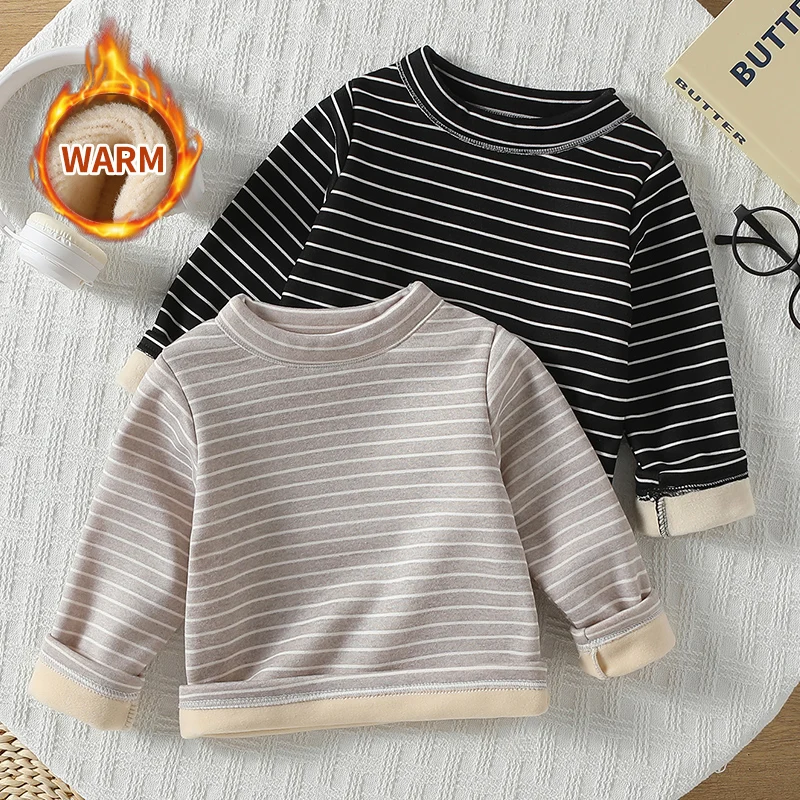 

1/2 Piece Autumn/Winter Children's Fashion Striped Thick Sports Hoodie For Boys And Girls With Plush Long Sleeved Round Neck Top