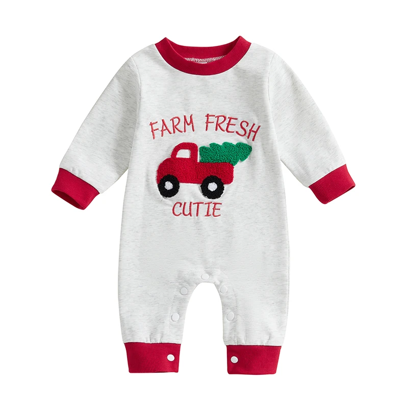 

Baby Christmas Jumpsuit Long Sleeve Round Neck Red Truck Embroidery Romper Newborn Outfit