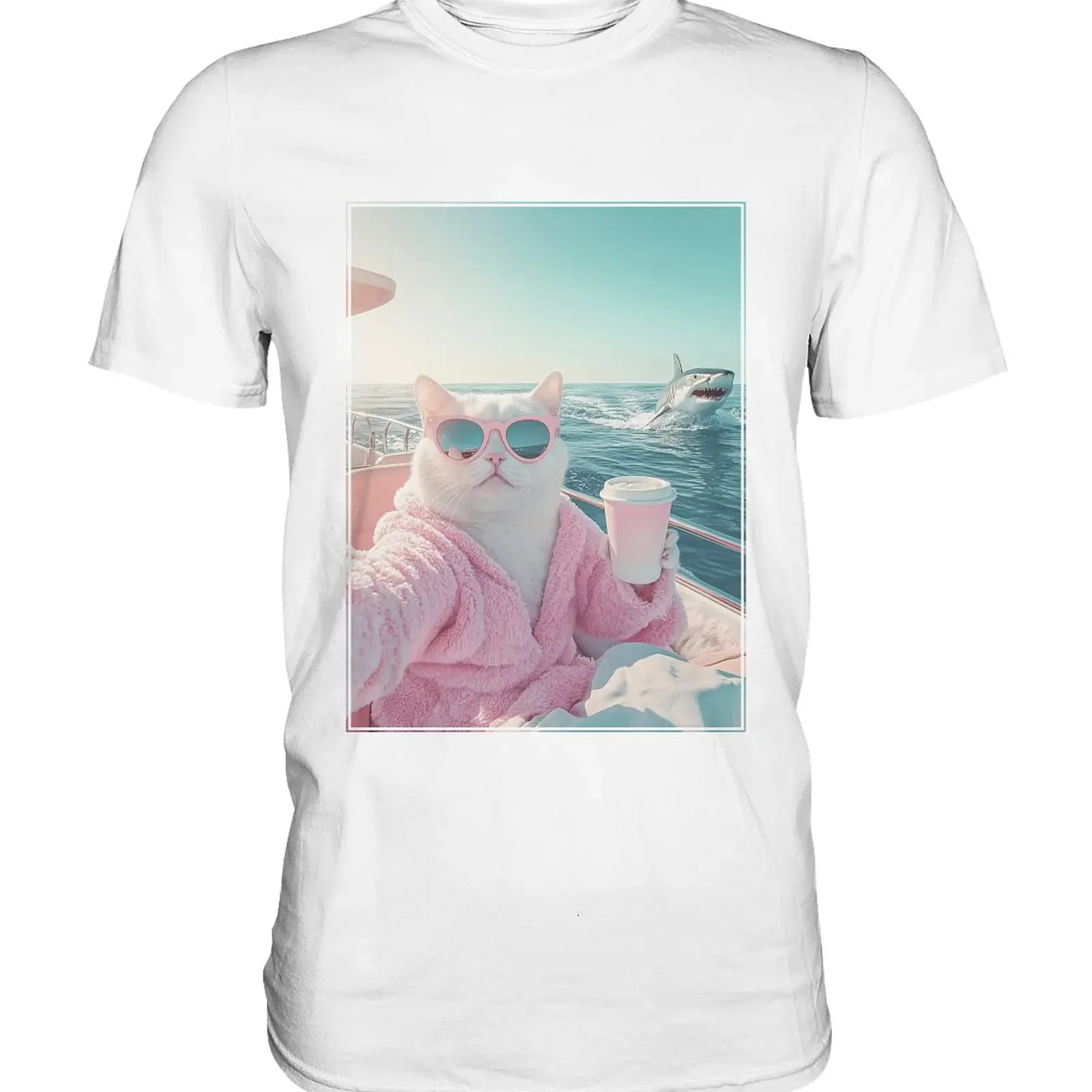 Cat on Boat Selfie Shark T Shirt Motif Holiday Beach Relaxed vintage Washed streetwear Top For Everyday Wear Versatile graphic