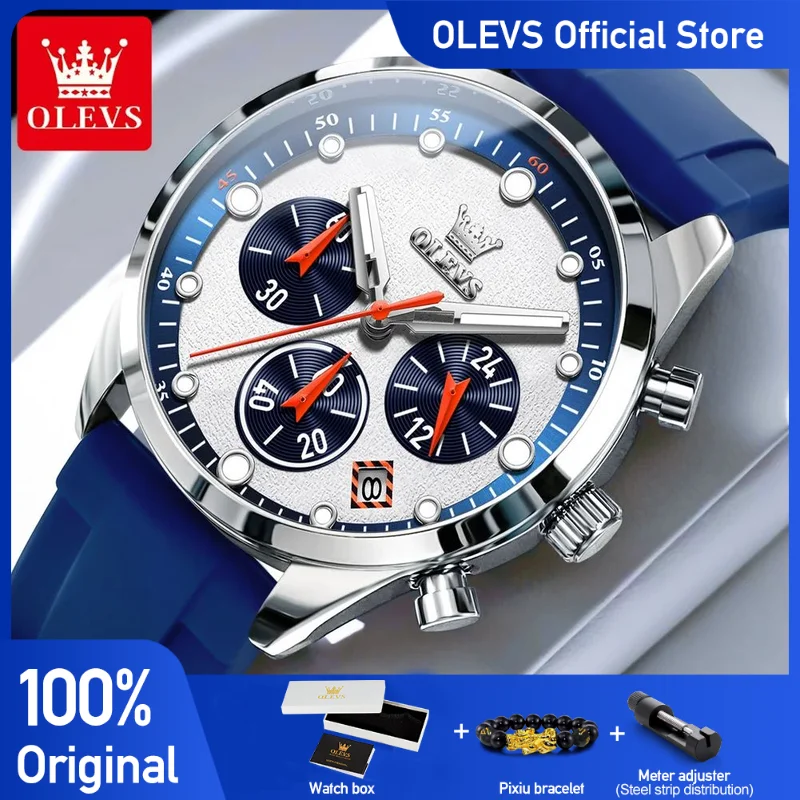 OLEVS Men's Watches Young Style Bright Colors Silicone Strap Original Quartz Wristwatch Waterproof Chronograph Luminous Date