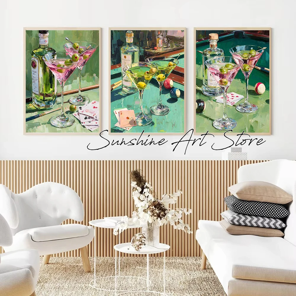 Pink Cocktail Eight Ball Billiards Room Alcohol Bar Cart Olive Martinis Pool Table Poster Canvas Painting Wall Picture Bar Decor