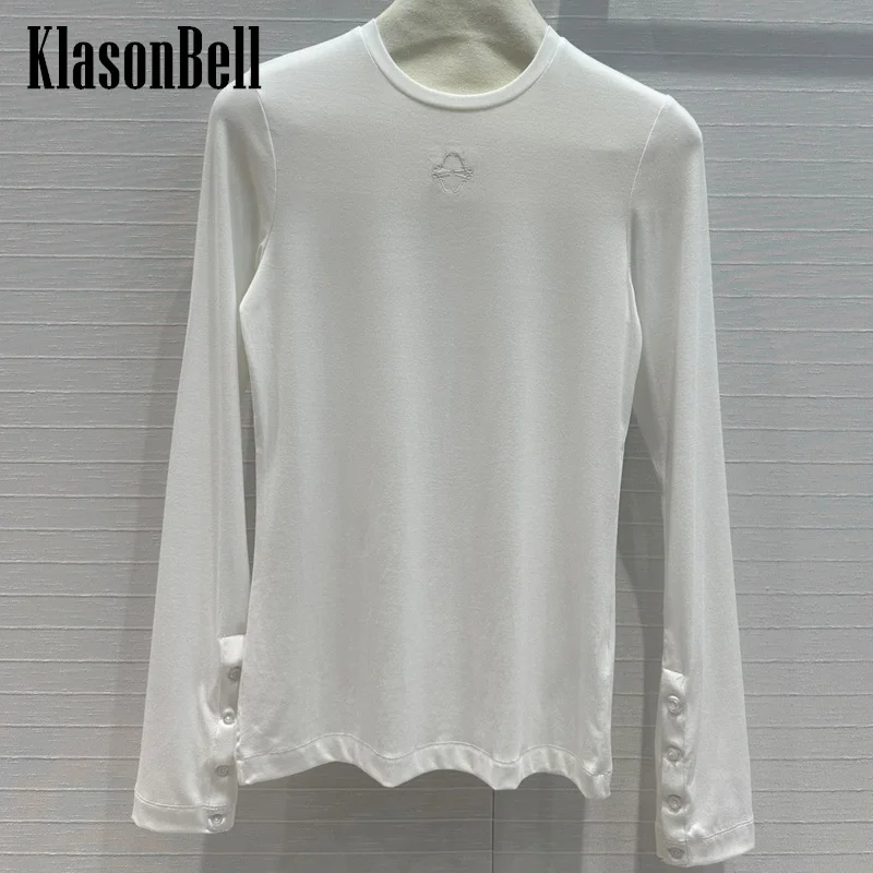 

8.10 KlasonBell Women Letter Embroidery Long Sleeve Subcoating Top Cotton Soft Comfortable O-Neck Casual T-Shirt