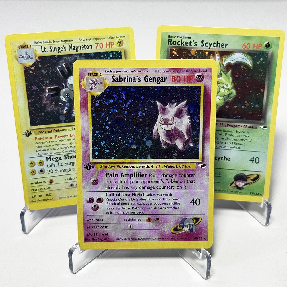 PKM Gym Heroes 1st Editioan Foil Game Proxy cards PTCG Sabrina’s Gengar Rocket’s Scyther Blaine’s Moltres Erika’s Dragonair Card
