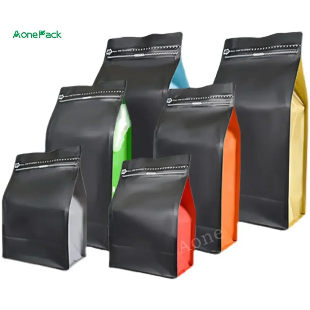 25PCS Fashioned Matt Black White Colorful Roast Coffee Bean Packaging Bag With Valve T-Zipper 125g 250g 500g 1kg Box Bottom Bags