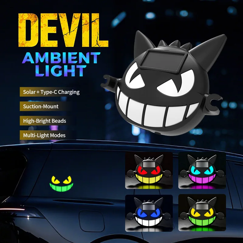 Car Solar Devil's Eye LED Decorative Light Halloween Expression Devil Face Wiring Free Car Window Night Warning Modification