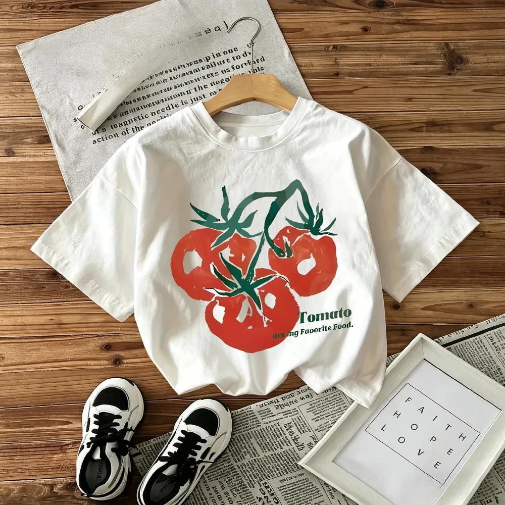 Children's Round Neck T-shirt Loose Comfortable Soft Skin Friendly Simple Fashionable Versatile Tomato Print Short Sleeved Shirt
