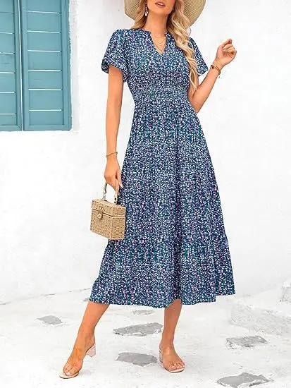 

Women Long Dresses Summer Fashion Female Vestidos Print Floral Maxi Dresses A-line V Neck Short Puffy Sleeve Casual Dress