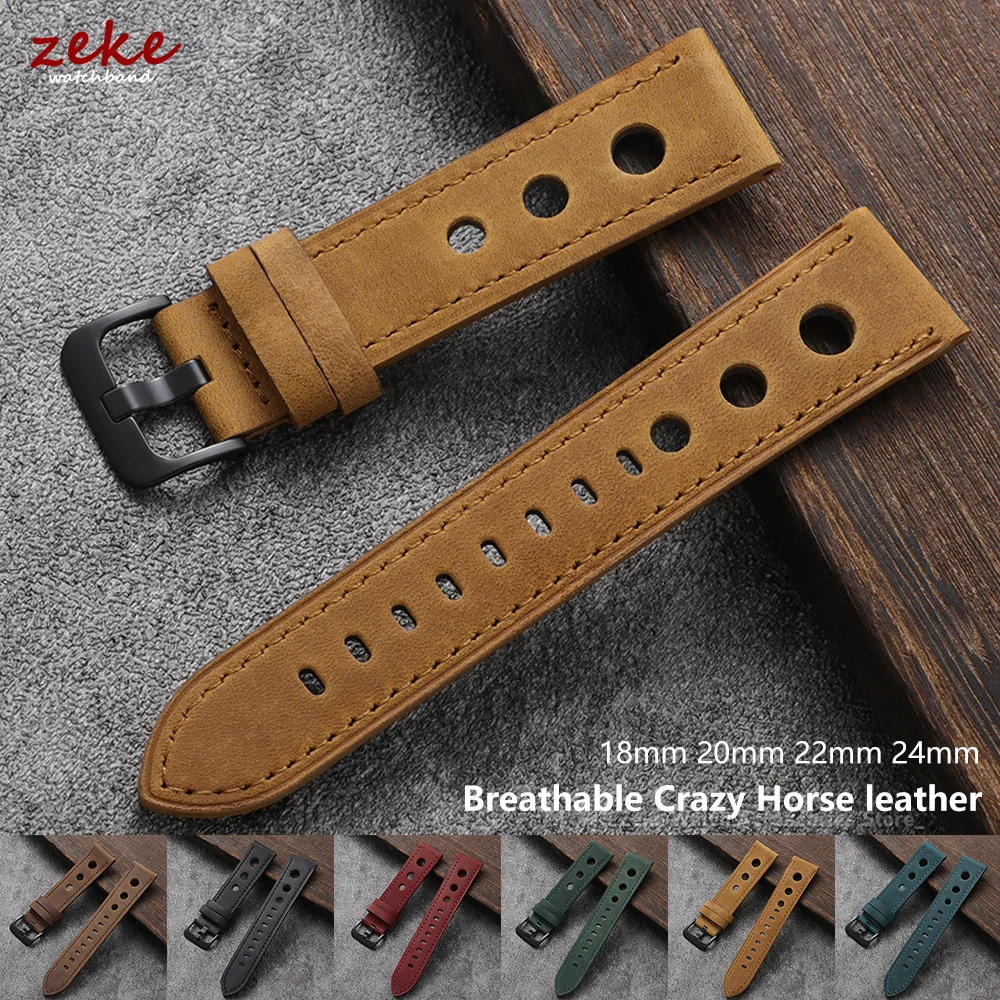 18mm 20mm 21mm 22mm 24mm Black Brown Breathable Porous Watchbands for Seiko for DW Watch Strap Vintage Racing Leather Watch Band