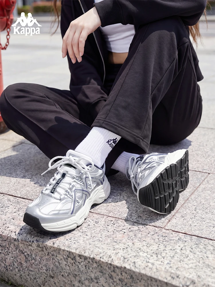 Kappa Men's and Women's Shoes, Outdoor Casual Silver and Blue Color-Blocking Dad Shoes, Mesh Breathable Lightweight Sneakers, Versatile Casual Shoes for Couples