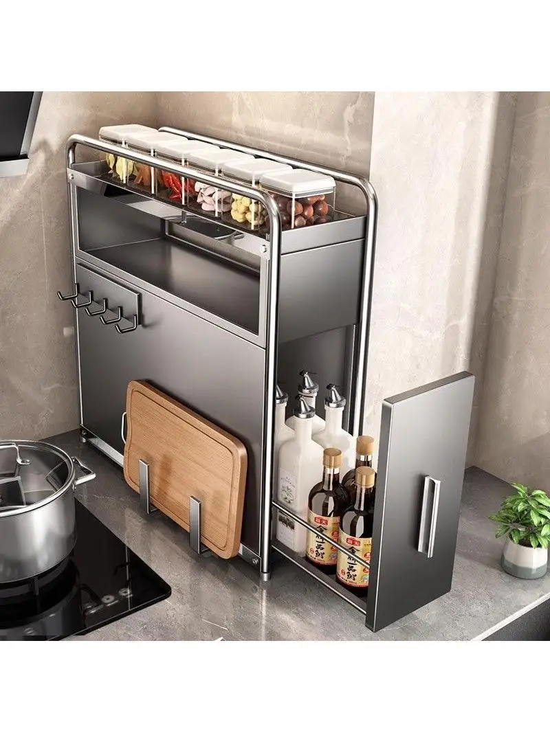 

Многофункциональная многоярусная выдвижная полка для специй из углеродистой стали для кухонной столешницы, для домашнего использования