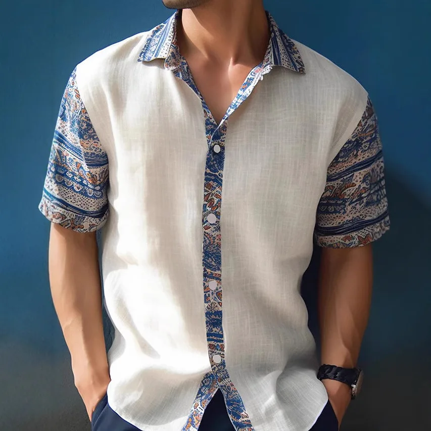 

Men's summer light and breathable 3D printed short-sleeved shirt simple and fashionable business lapel button top vacation beach