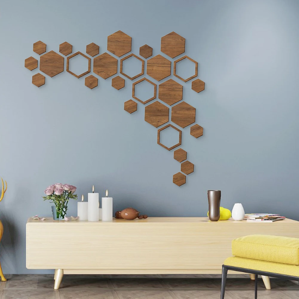 27 Pieces Wooden Hexagon Wall Sticker 3D Removable Basswood Decal For Home Room Background Decoration Art