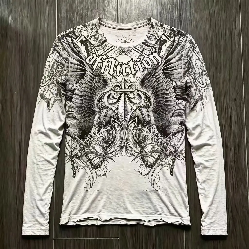 2000s Affliction T-Shirt Vintage Clothing Punk Hip Hop Graphic Print Oversized T Shirt Men Round Neck Polyester Long Sleeve Top