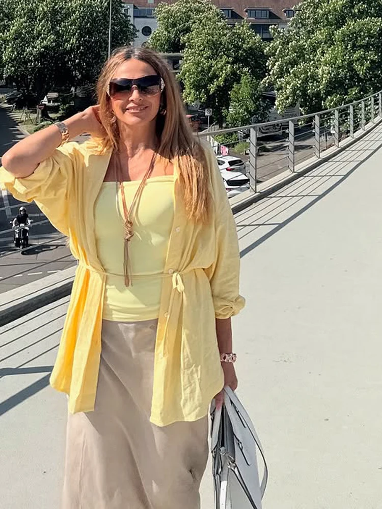 

Casual Yellow Lace-up Shirt Women Chic Lapel Single Breasted Full Sleeve Loose Thin Blouse 2026 Spring Lady Daily Dating Shirts