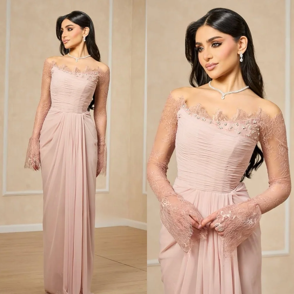 

Customized Matching Classic Chiffon Pleat Ruched Draped Lace Rhinestone A-line Off-the-shoulder Long Dresses Evening Dresses