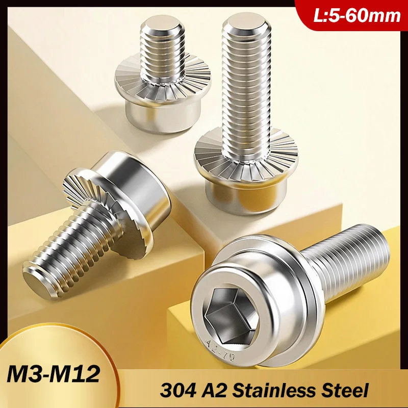 Flange Socket Head Cap Screw 304 A2 Stainless Steel With Washer Allen Socket Bolts M3 M4 M5 M6 M8 M10 M12 Length 5mm-60mm