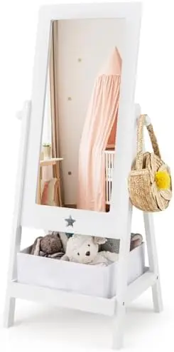 Kids Full Length Mirror, Princess Floor Free Standing Mirror w/Storage Shelf & Basket, 360 Degree Rotatable Rectangle