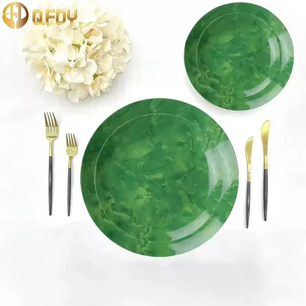 

Green marble ceramic disc glazed color tableware,Western style plate, steak, Italian noodle plate,Bone china plate set 4PCS