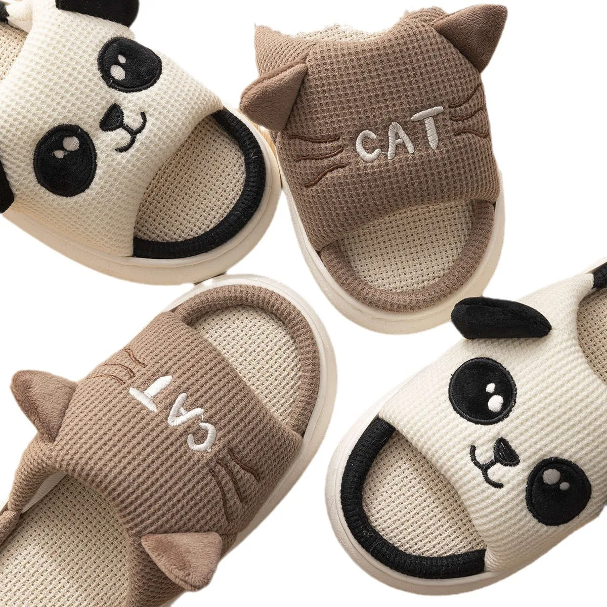 Home Slippers Panda Cat Women Summer Cute Linen  Couples Indoor House Non Slip Thick Funny Sandals Cartoon Kawaii Shoes 2024 New