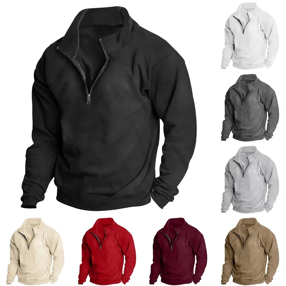 

Men Casual Fleece Sweatshirts Tops Mens Quarter Zip Stand Collar Sweatshirt Long Sleeve Hoodie Solid Color Basic Pullover Top