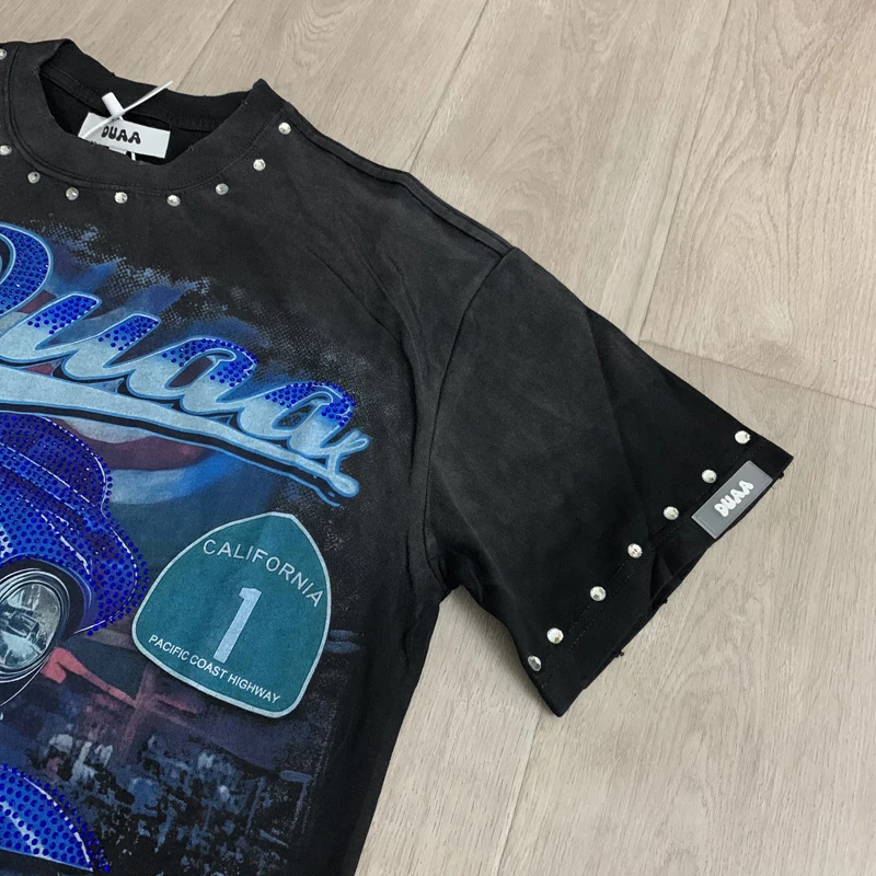 American Retro High Quality Men Duaa T-shirts Washed Out Distressed Holes Rhinestone Embellishments Trendy Fashionable DUAA Top