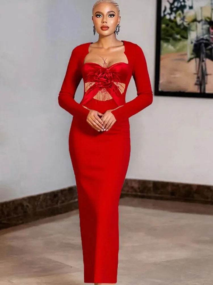 

2025 Women Celebrity Sexy Long Sleeve Flower Feather Red Long Maxi Bodycon Bandage Dress Elegant Evening Club Party Outfit
