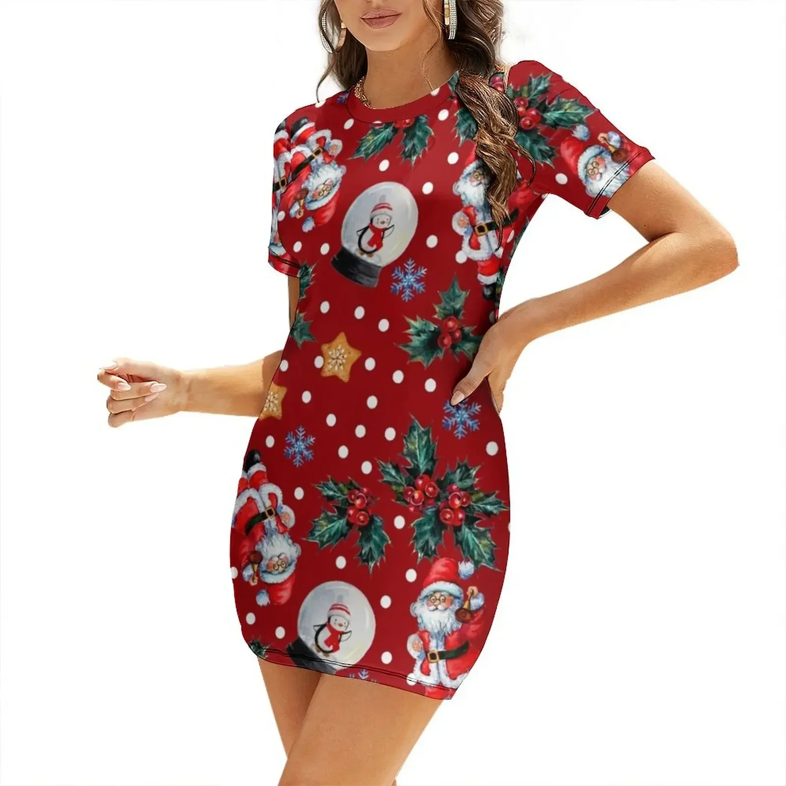 The christmas pattern Short-Sleeved Dress evening dress woman womans clothing Women's clothing Dress