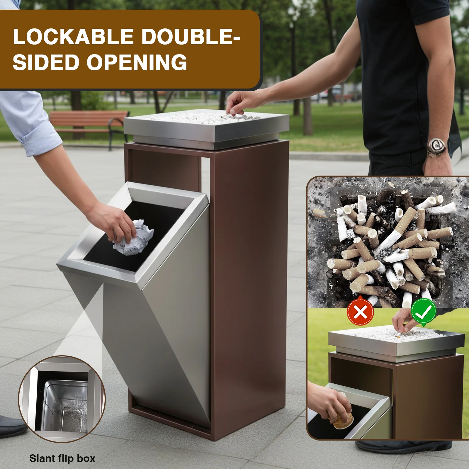 

Commercial Outdoor Trash Can with Ashtray/Lid with Removable Inner Bucket 29.53x11.02x11.02in for Park Garden Public Spaces