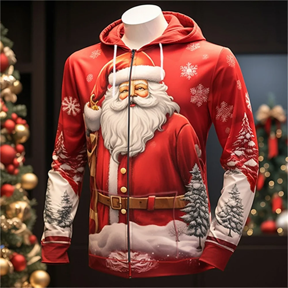 3d Christmas Festival Men's Zipper Hoodies Fashion Santa Claus Clothes For Men Clothing Oversized Top y2k Long Sleeve Sweatshirt