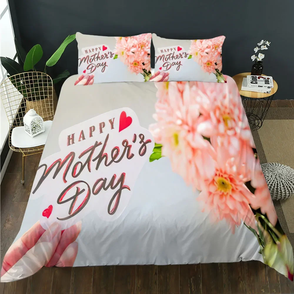 Mother's Day King Queen Duvet Cover Express Love for Mom Wife Bedding Set Colorful Floral Quilt Cover Polyester Comforter Cover